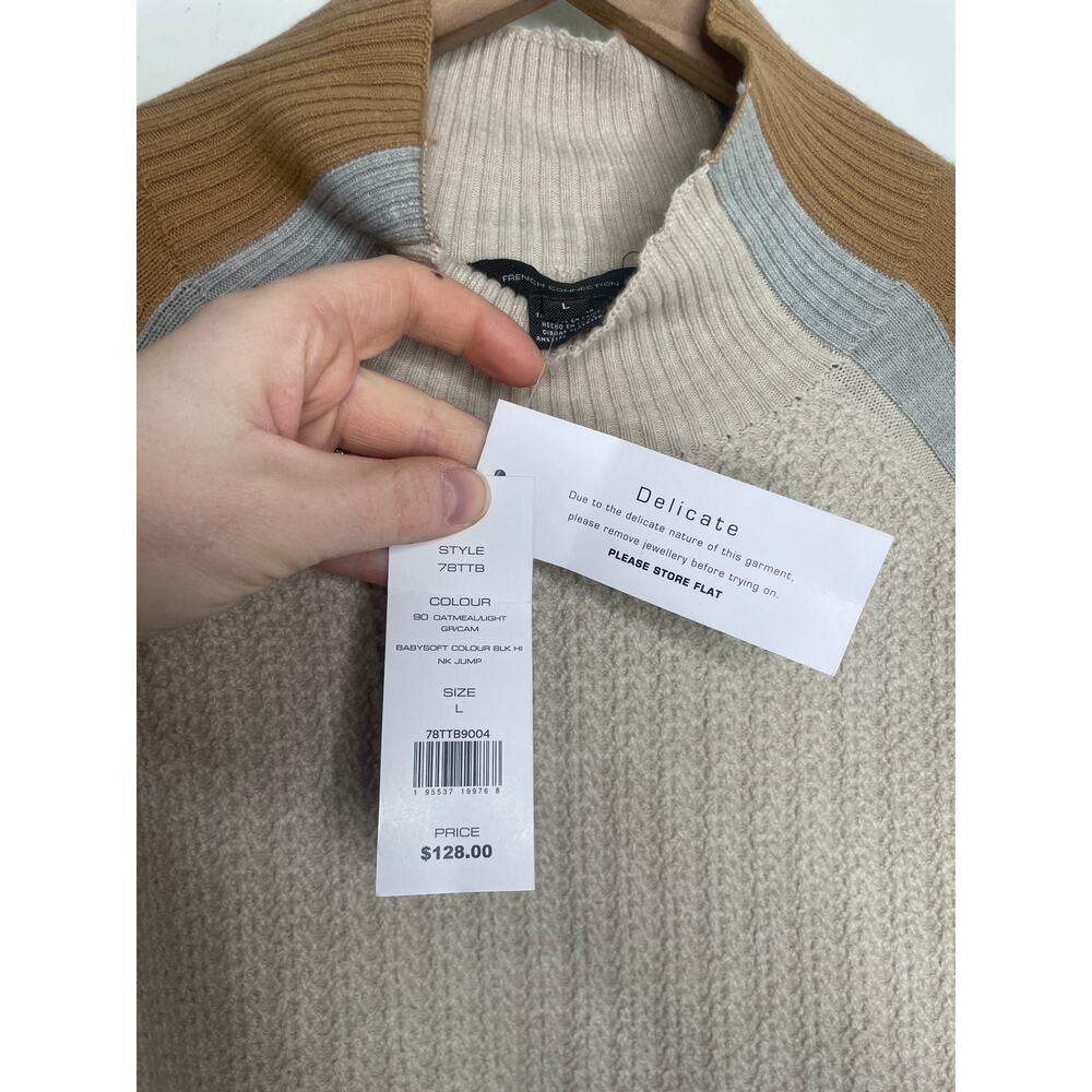 NWT French Connection Babysoft Mock Neck Sweater Large Tan Cream Cozy Colorblock - Picture 7 of 8